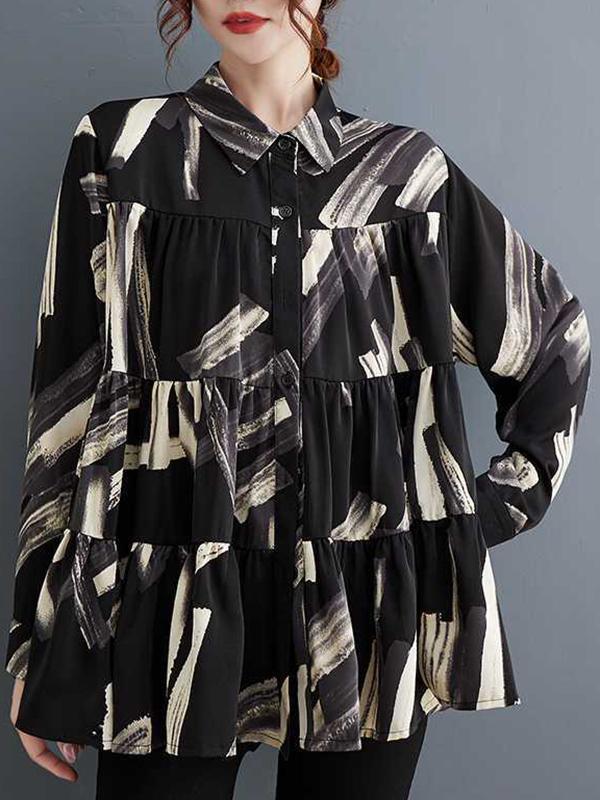 Long Sleeves Loose Pleated Printed Split-Joint Lapel Blouses Product Image