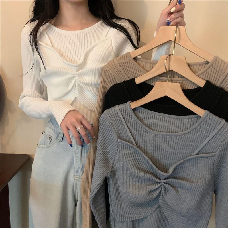 Long-Sleeve Crew Neck Mock Two-Piece Plain Ruched Ribbed Knit Top Product Image