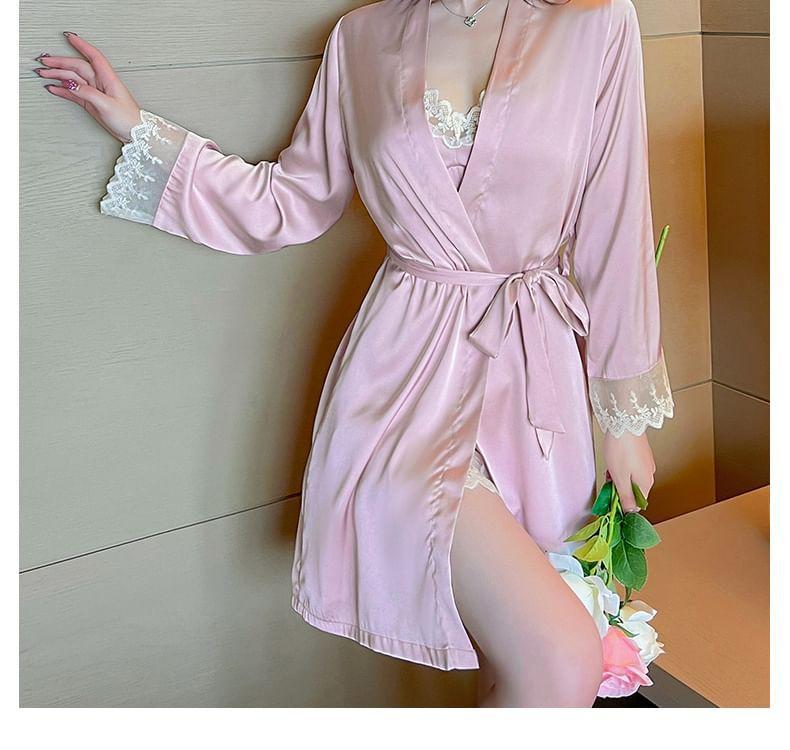 Set: Spaghetti Strap V-Neck Lace Trim Drawstring Slit Nightdress + Pajama Robe Product Image