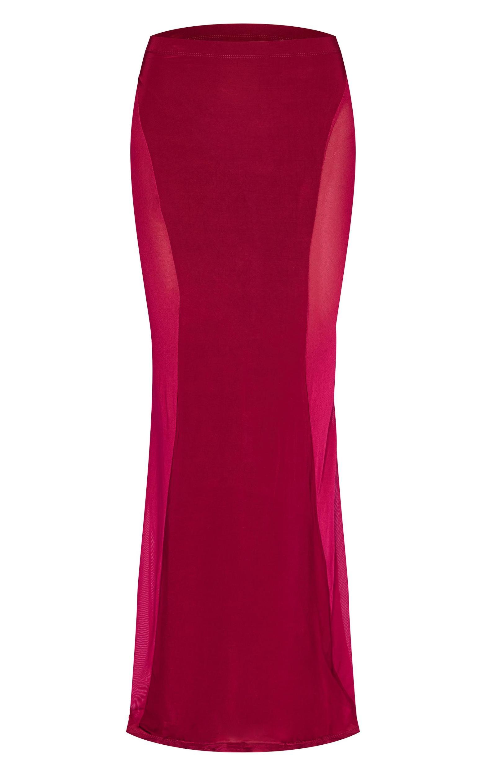Burgundy Slinky Mesh Detail Maxi Skirt Product Image