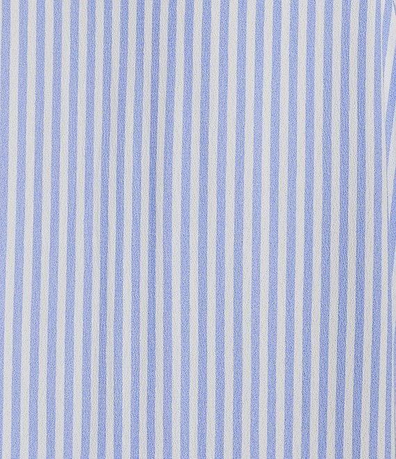 A Loves A Pinstripe Print Button Point Collar 3/4 Blouson Cuff Sleeve Tiered Waistless Midi Shirt Dress Product Image