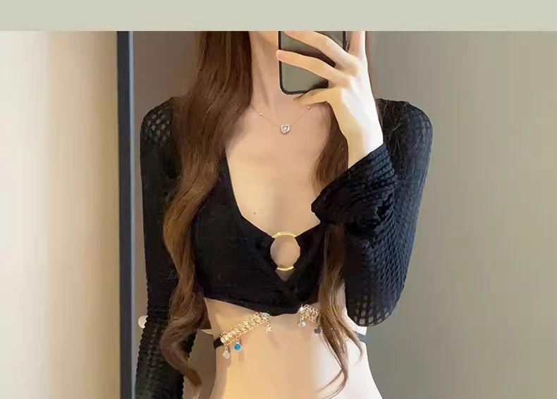 Set: Plain Bikini + Long-Sleeve V-Neck Criss Cross Top + Drawstring Cover Up Skirt Product Image