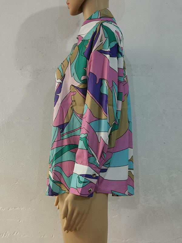Long Sleeves Loose Contrast Color Printed Lapel Blouses Product Image