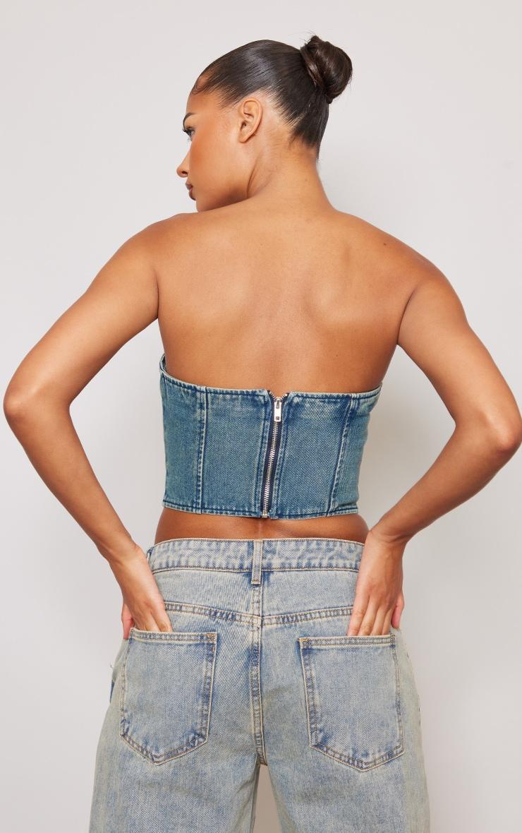 Indigo Vintage Wash Seam Front Denim Corset Top Product Image