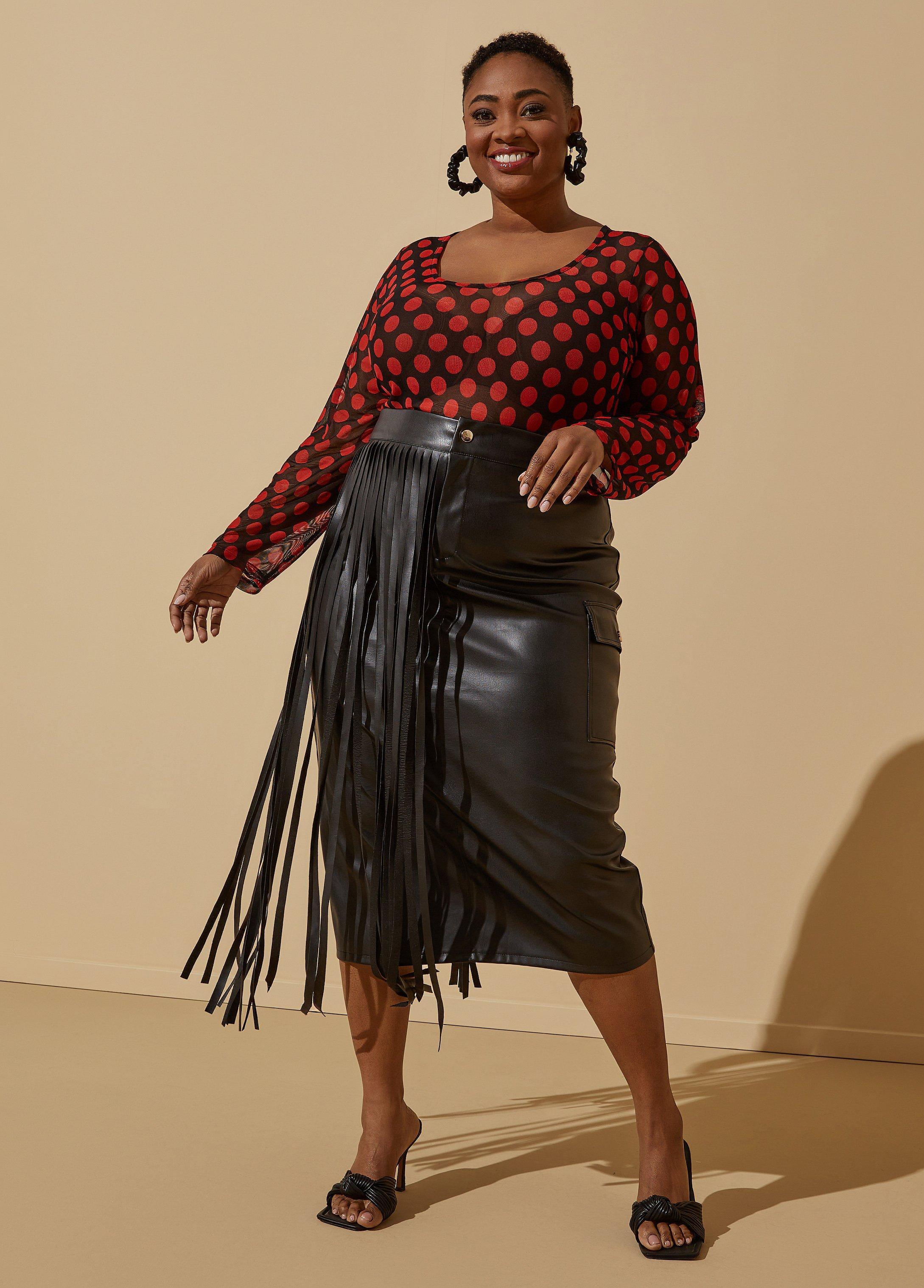 Fringed Faux Leather Midi Skirt Product Image