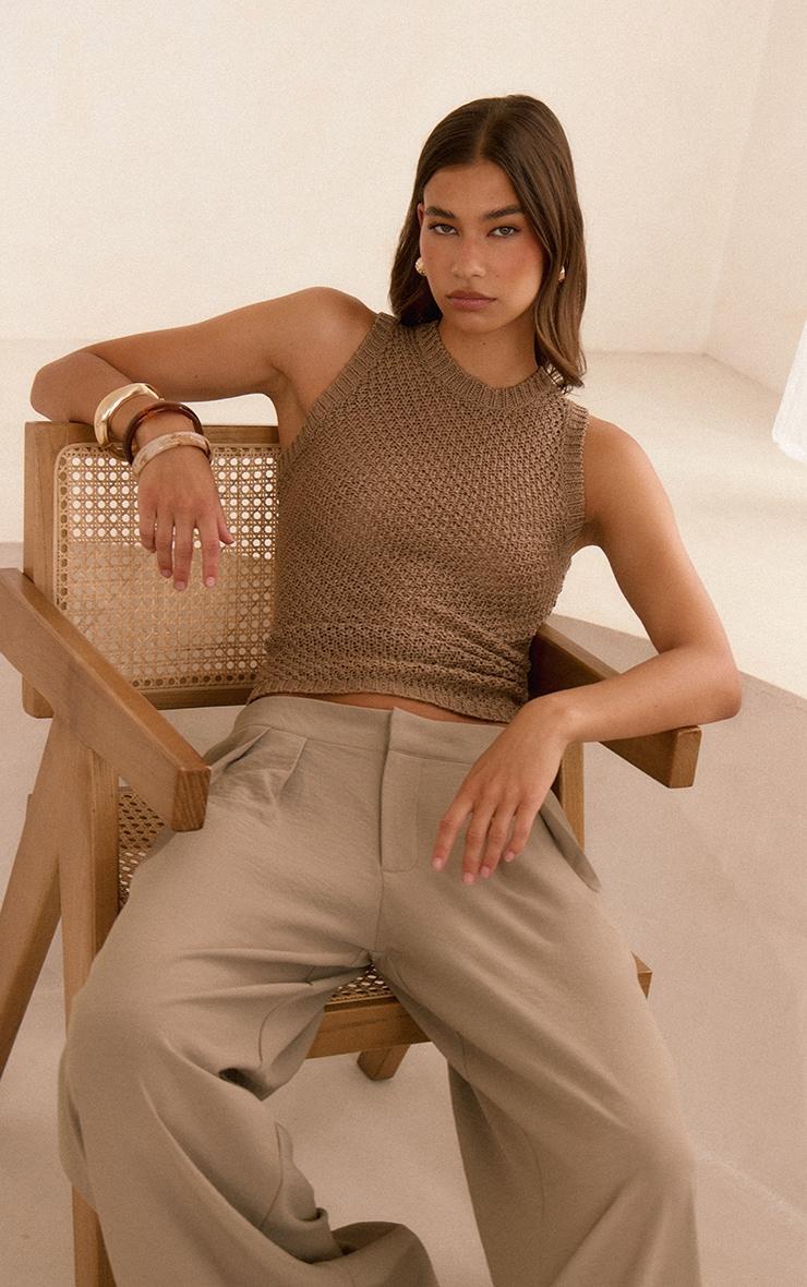 Mocha Crochet Knit Ruched Racer Top Product Image