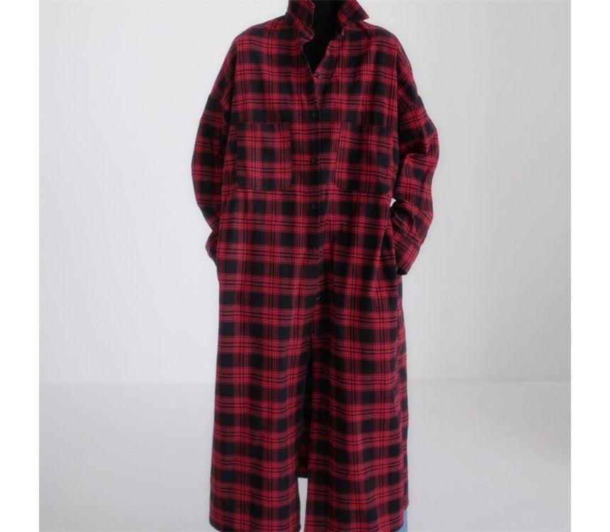 Long-Sleeve Plaid Maxi Shirt Dress Product Image