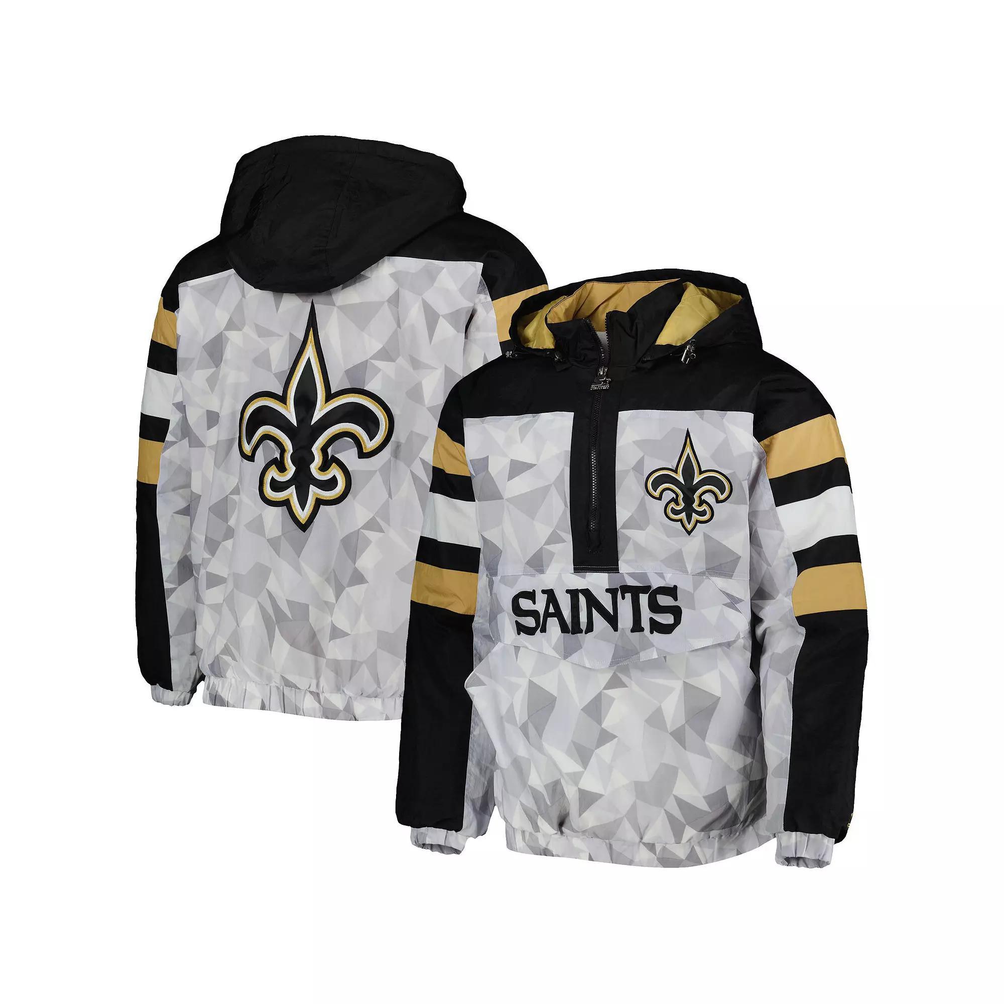 Men's Starter White/Black New Orleans Saints Thursday Night Gridiron Raglan Half-Zip Hooded Jacket, Size: Large Product Image