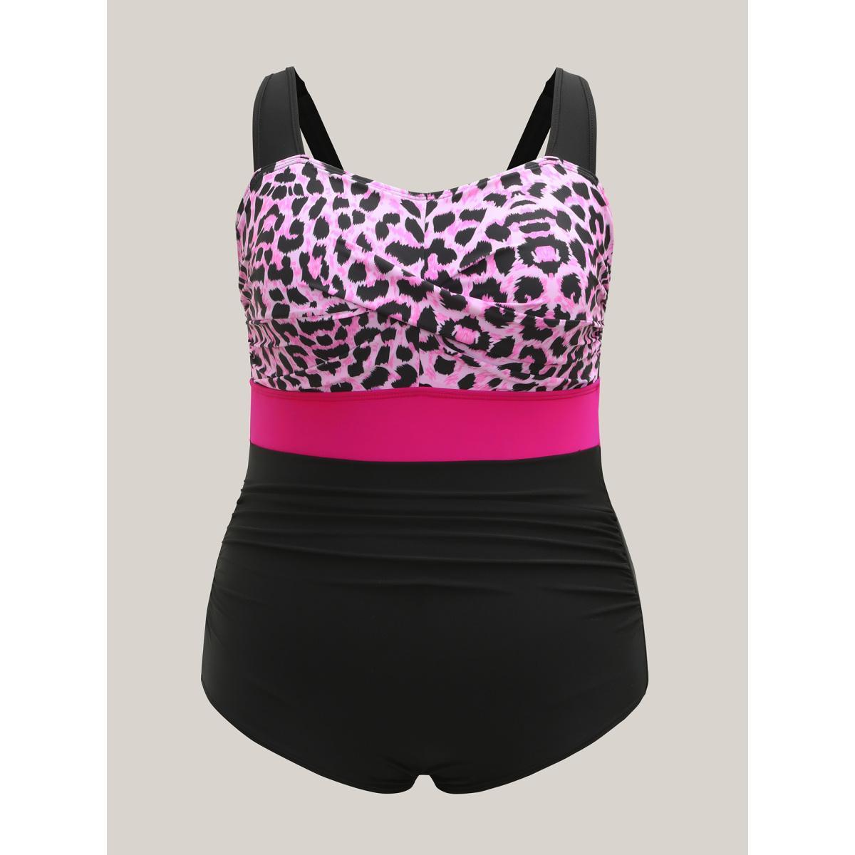 Plus Size Leopard Print Twist Front One-Piece Swimsuit Women's Swimwear RedViolet Beach Twist Curve Bathing Suits High stretch One Pieces BloomChic 12/L Product Image