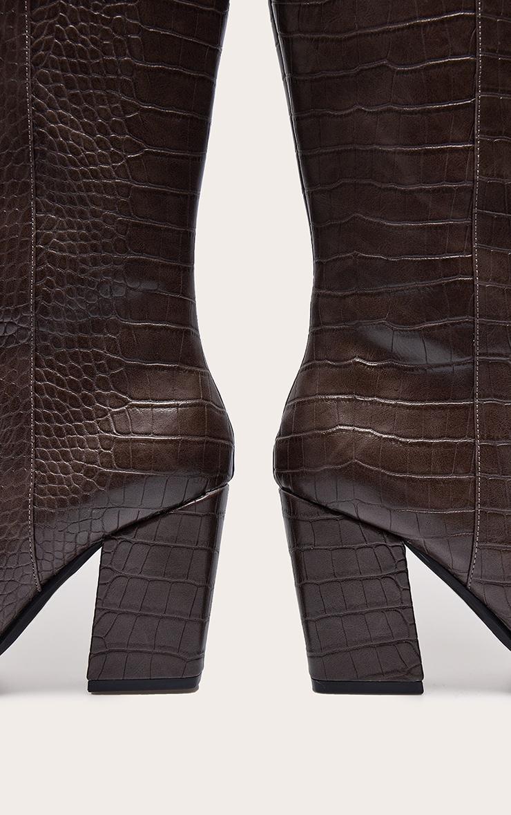 Chocolate Croc PU Point Toe Block Heeled Knee High Boots Product Image