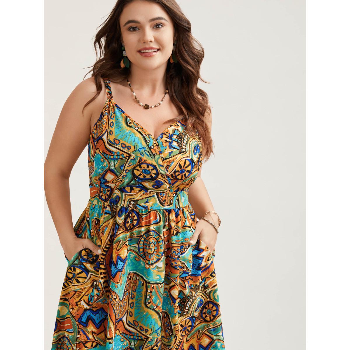 Plus Size Boho Print Stretchy Waist Pockets Maxi Dress Multicolor Women Boho Gathered Overlap Collar Sleeveless Curvy BloomChic 10/M Product Image