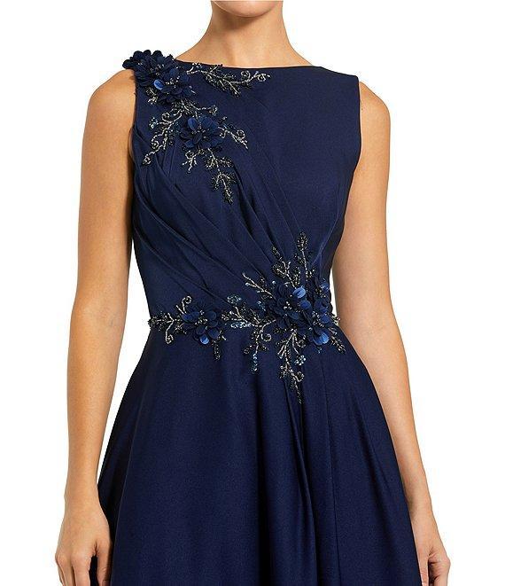 Mac Duggal Sequin Floral Applique Boat Neck Sleeveless Gathered Gown Product Image