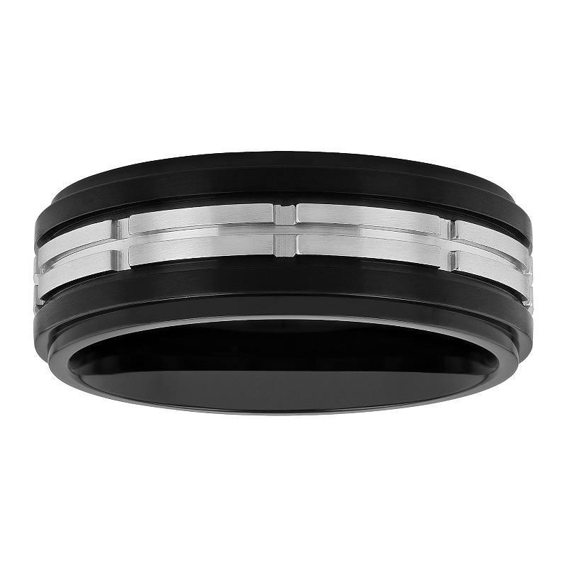 Men's Black & Gray Stainless Steel Treaded Wedding Band, Size: 13, Two Tone Product Image