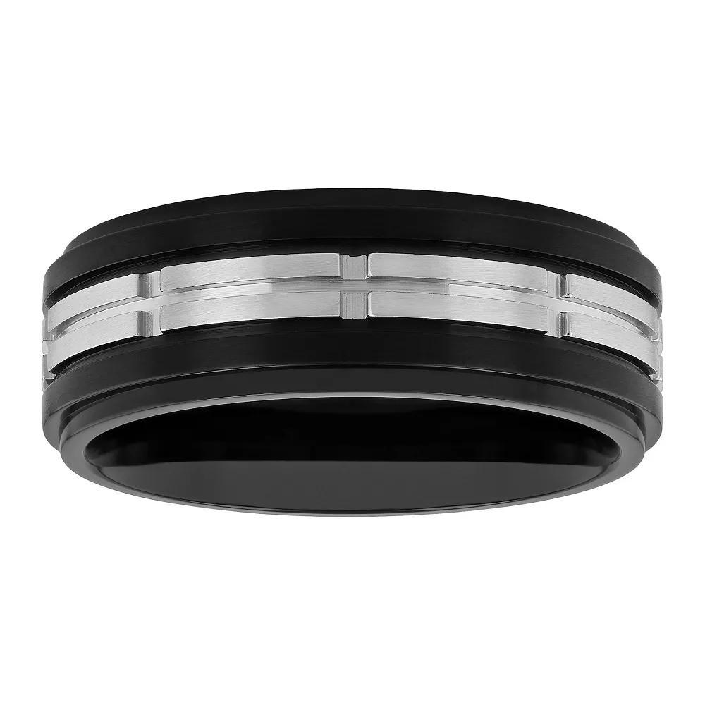 Men's Black & Gray Stainless Steel Treaded Wedding Band, Size: 13, Two Tone Product Image