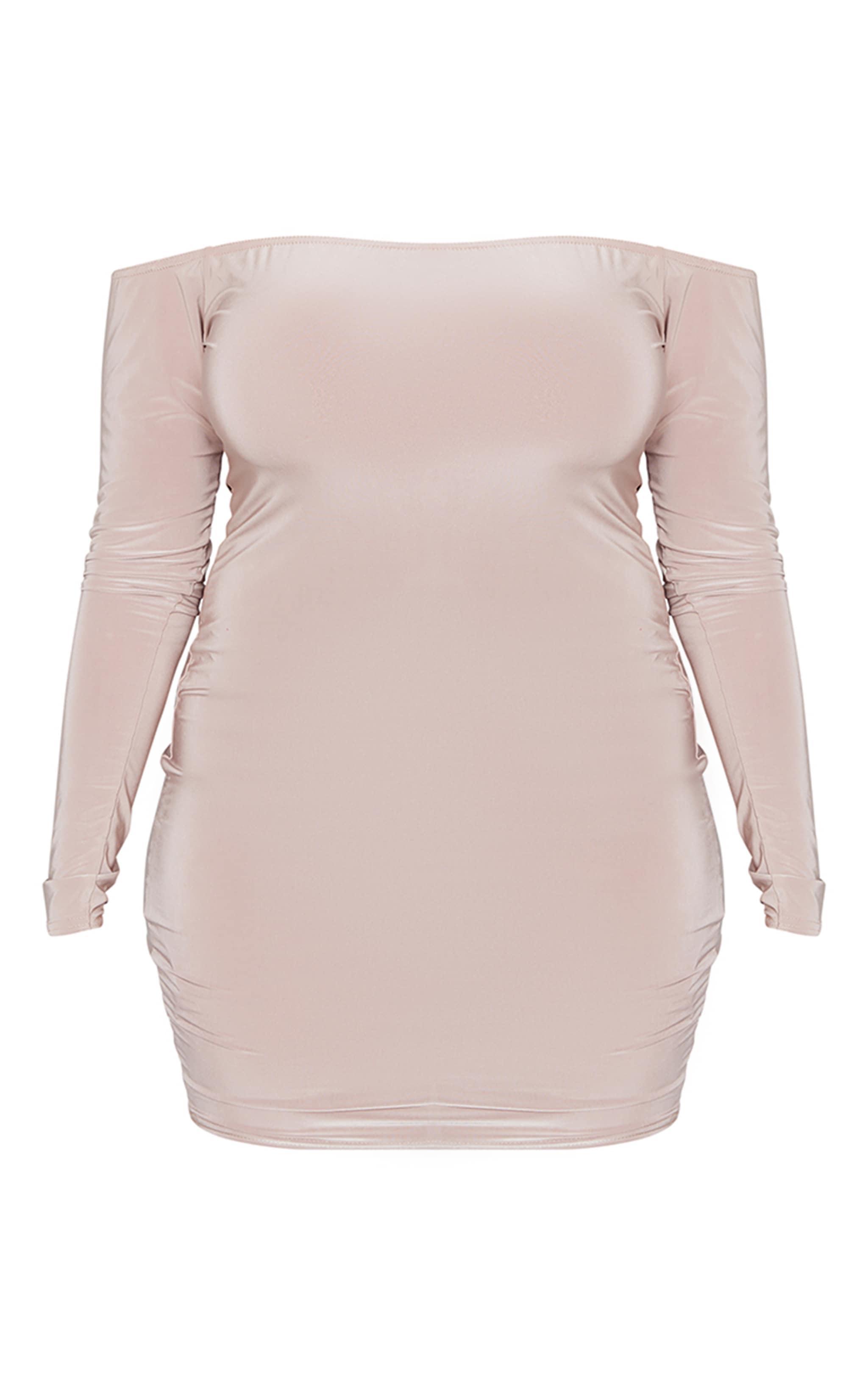 Plus Taupe Soft Touch Bardot Mini Dress Product Image