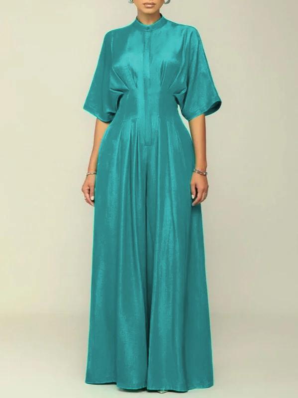 Half Sleeves High Waisted Pleated Solid Color Mock Neck Jumpsuits Product Image