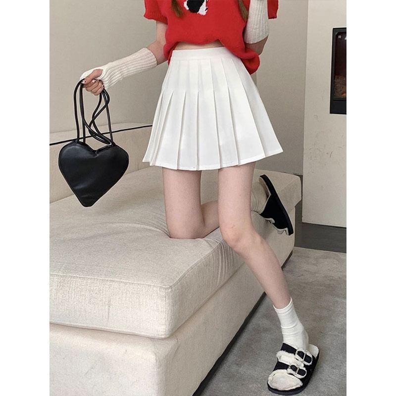 High Waist Plain Mini Pleated Skirt Product Image