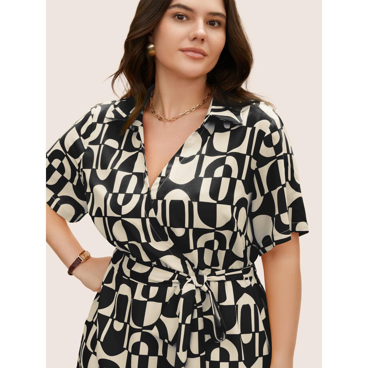 Plus Size Overlap Collar Geometric Belted Midi Dress Black Women At the Office Belted Overlap Collar Short sleeve Curvy BloomChic 10/M Product Image