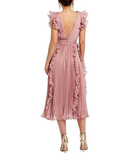 Mac Duggal Pleated Chiffon Deep V-Neck Flutter Sleeve Ruffle Midi Dress Product Image