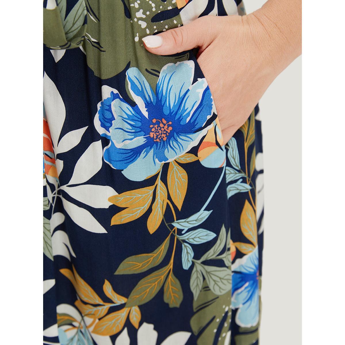 Plus Size Floral High Low Hem Pocket Ruffles Wrap Dress Indigo Women Elegant Wrap V-neck Short sleeve Curvy Midi Dress BloomChic 22-24/3X Product Image