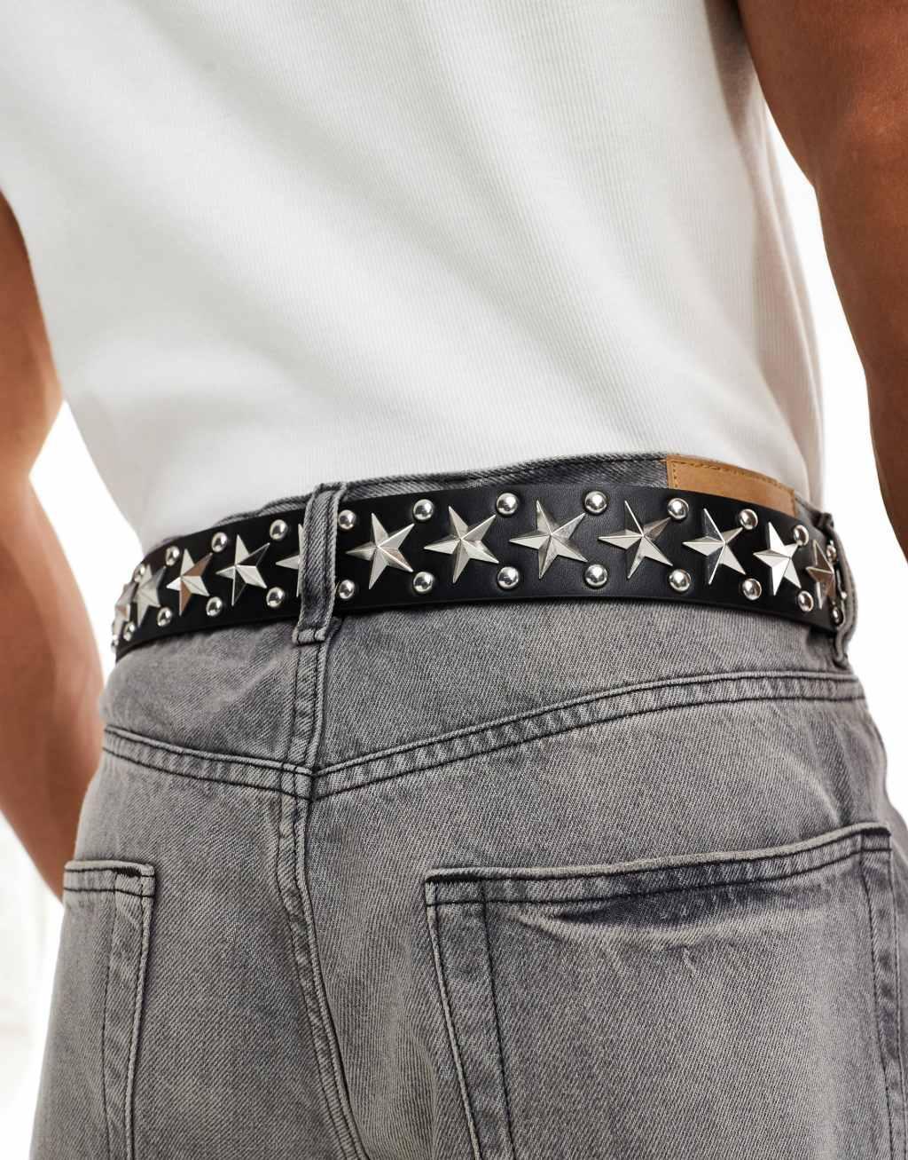 ASOS DESIGN faux leather belt with star studs and silver roller buckle in black Product Image