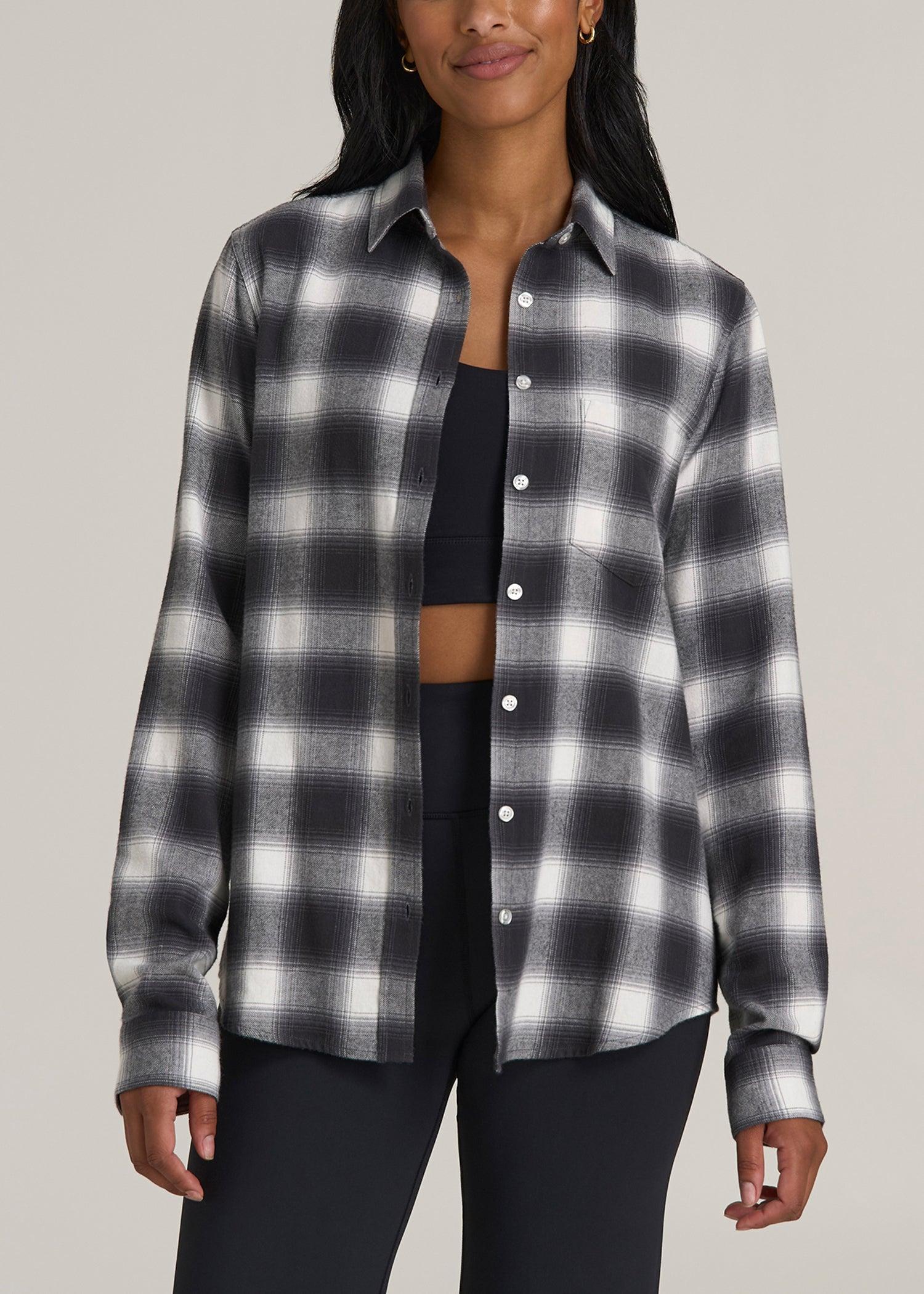 Flannel Button-Up Shirt for Tall Women in Grey and White Plaid Product Image