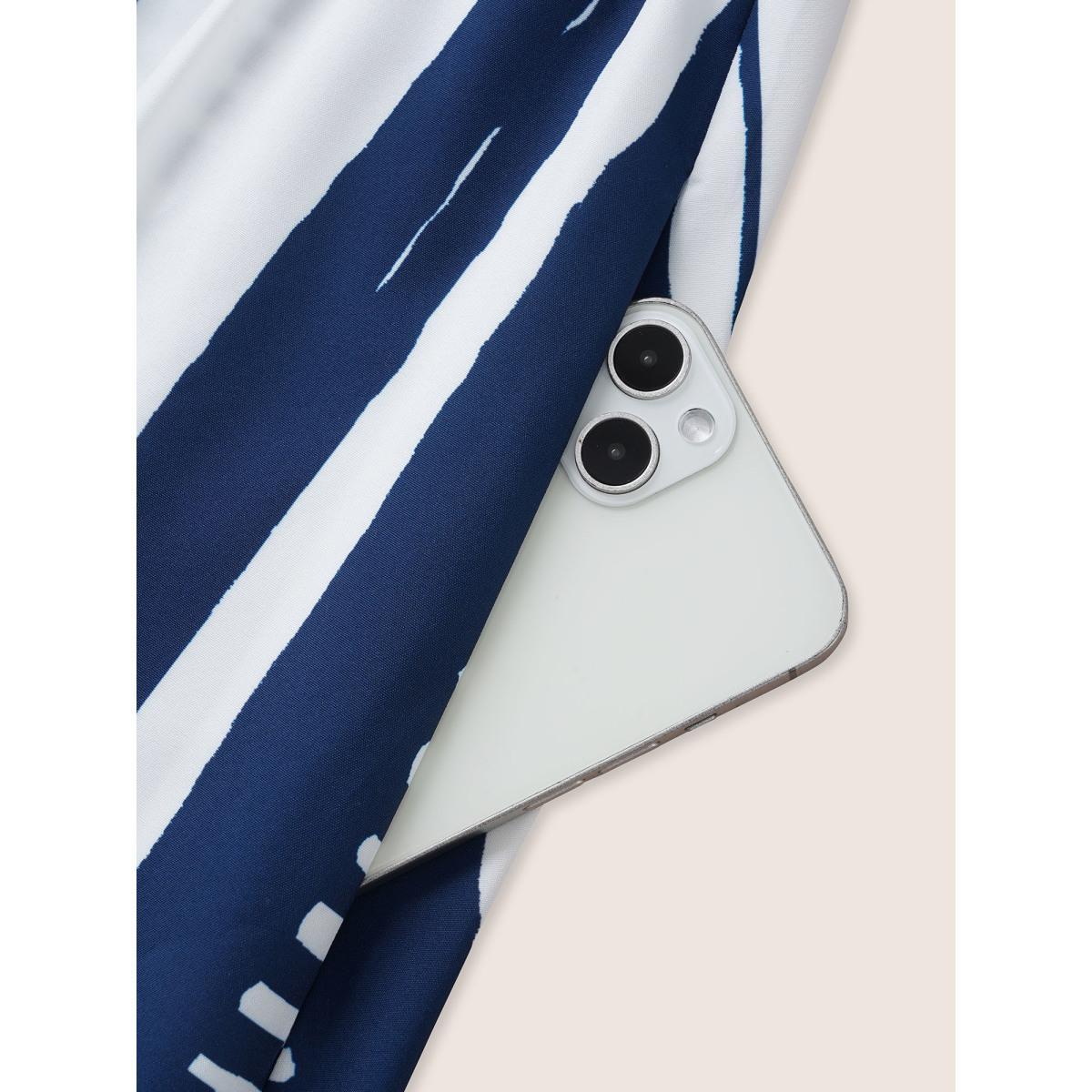 Plus Size Notched Collar Striped Patchwork Drawstring Dress DarkBlue Women At the Office Tie knot Notched collar Short sleeve Curvy BloomChic 14-16/1X Product Image