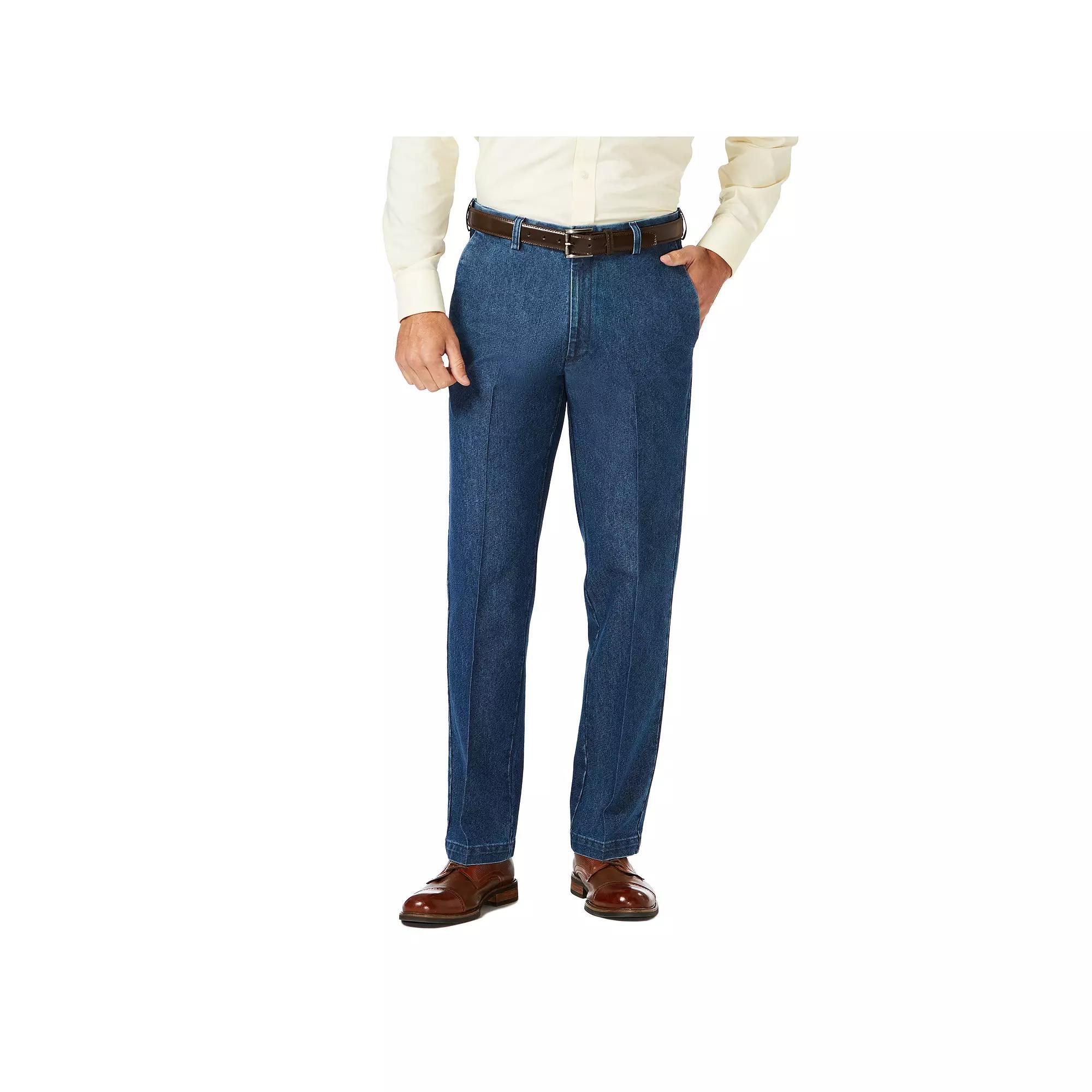 Men's Haggar® Classic-Fit Stretch Expandable-Waist Flat-Front Jeans, Size: 36X30, Medium Blue Product Image