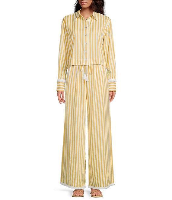 A Loves A Woven Stripe High Rise Tassel Tie Wide Leg Fringe Hem Coordinating Pants Product Image