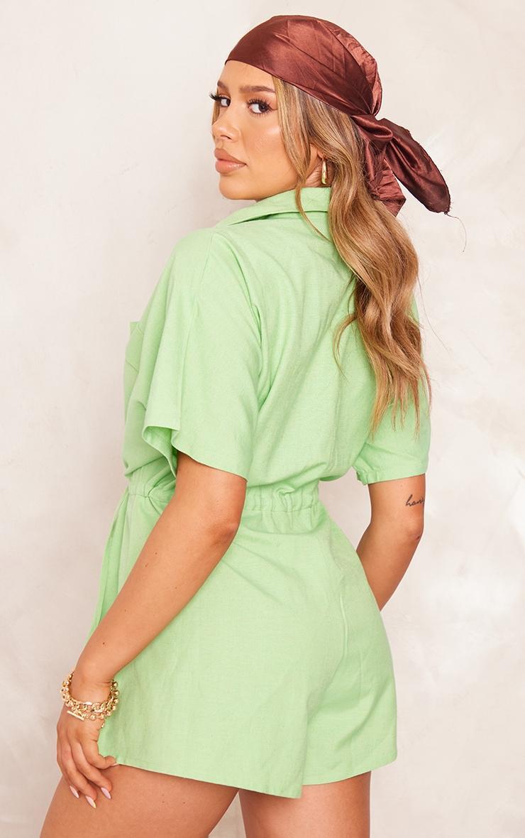  Green Linen Look Tie Waist Shirt Style Romper Product Image