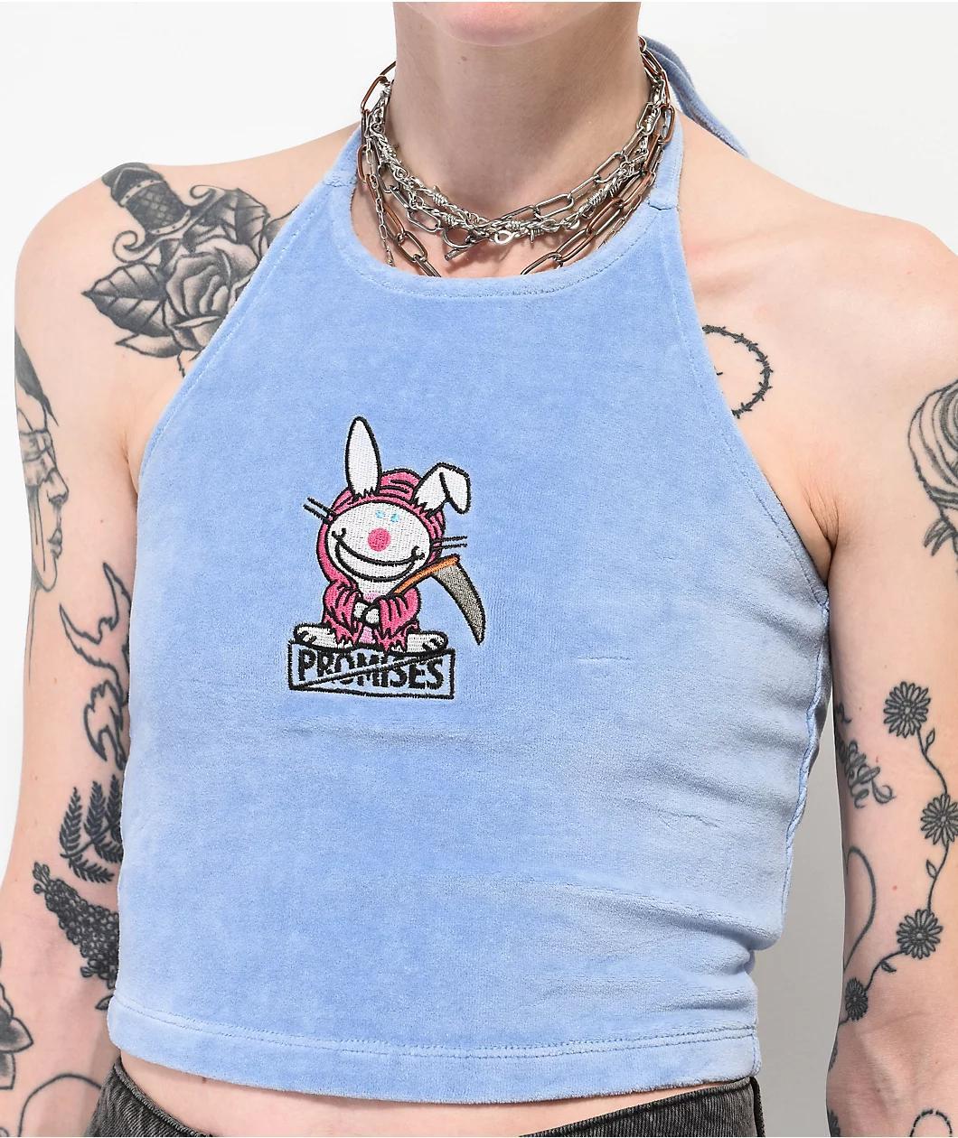 Broken Promises x Happy Bunny Reaper Bunny Blue Fuzzy Crop Tank Top Product Image