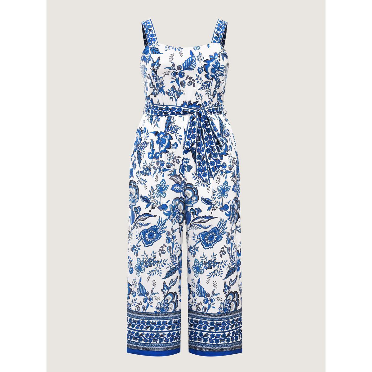 Plus Size Mediumblue Rayon Floral Print Lined Pockets Jumpsuit Women Sleeveless Square Neck Vacation Loose Jumpsuits BloomChic 26/4X Product Image