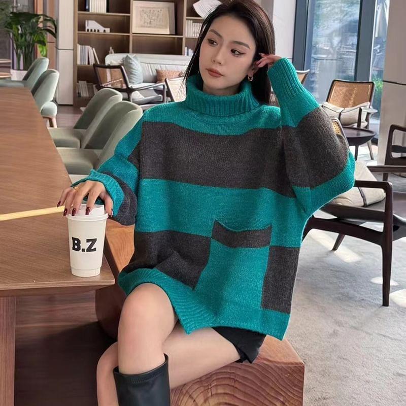 Turtleneck Two Tone Asymmetrical Sweater Product Image