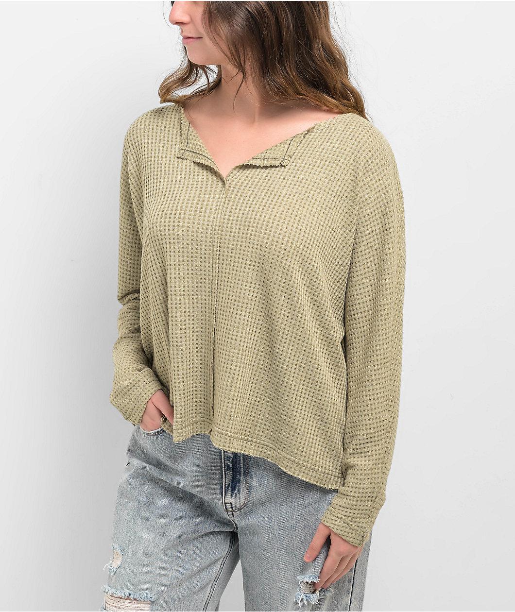 Blu Pepper Waffle Knit Split Neck Beige Long Sleeve T-Shirt Product Image