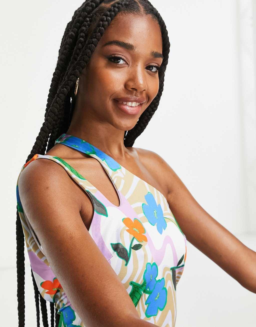 ASOS DESIGN Tall exclusive one shoulder swimsuit in floral swirl print Product Image