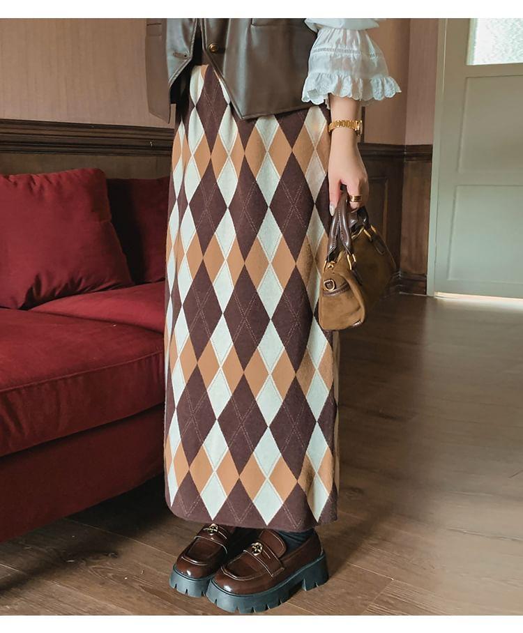 High Waist Argyle Knit Maxi Straight Skirt Product Image