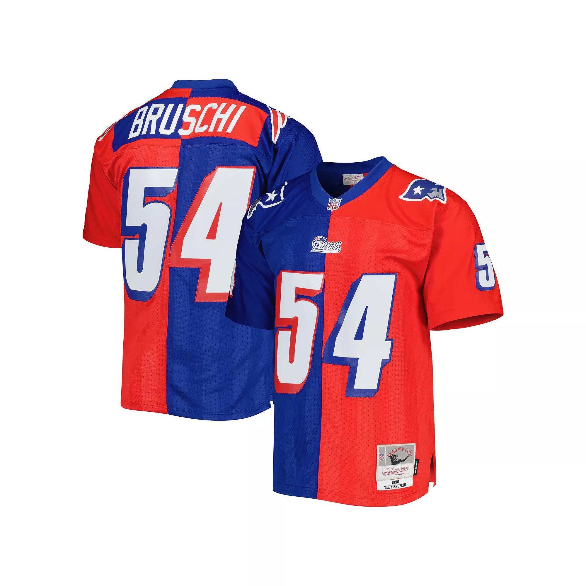 Men's Mitchell & Ness Tedy Bruschi Royal/Red New England Patriots 1996 Split Legacy Replica Jersey, Size: 5XL, Blue Product Image