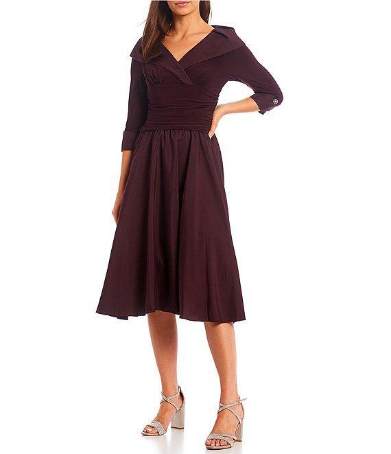 Jessica Howard Jersey Taffeta 3/4 Sleeve Portrait Collar Ruched A-Line Midi Dress Product Image