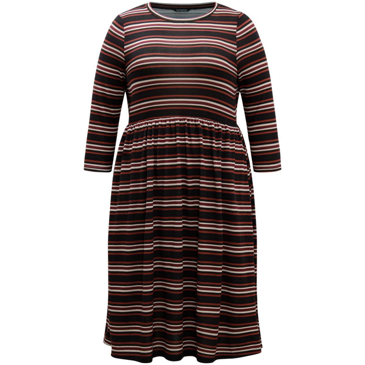 Plus Size Striped Print Round Neck Pocket Elastic Waist Dress Black Women Casual Printed Round Neck Long Sleeve Curvy Midi Dress BloomChic 18-20/2X Product Image