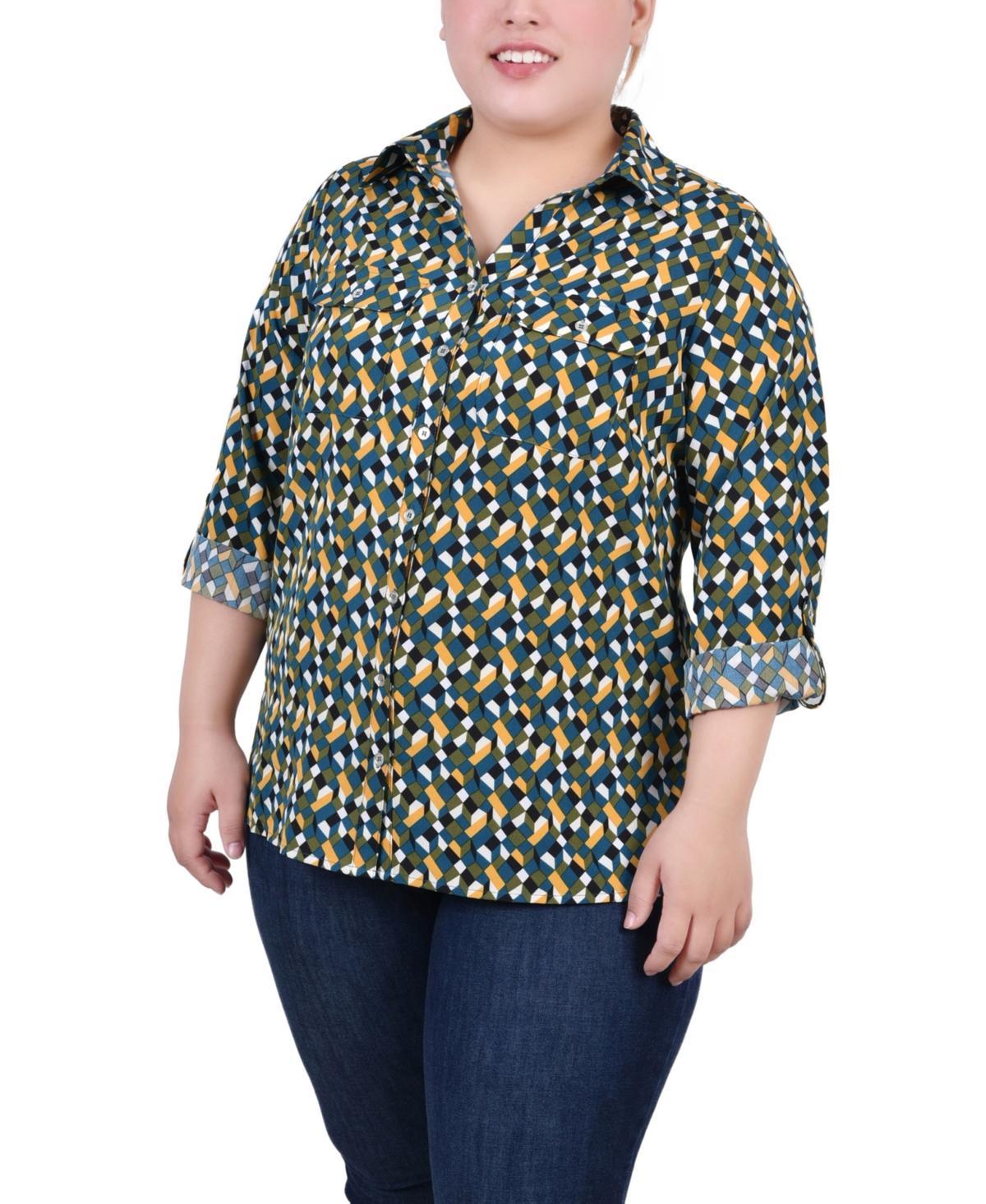 Ny Collection Plus Size 3/4 Sleeve Roll Tab Notch Collar Blouse Product Image