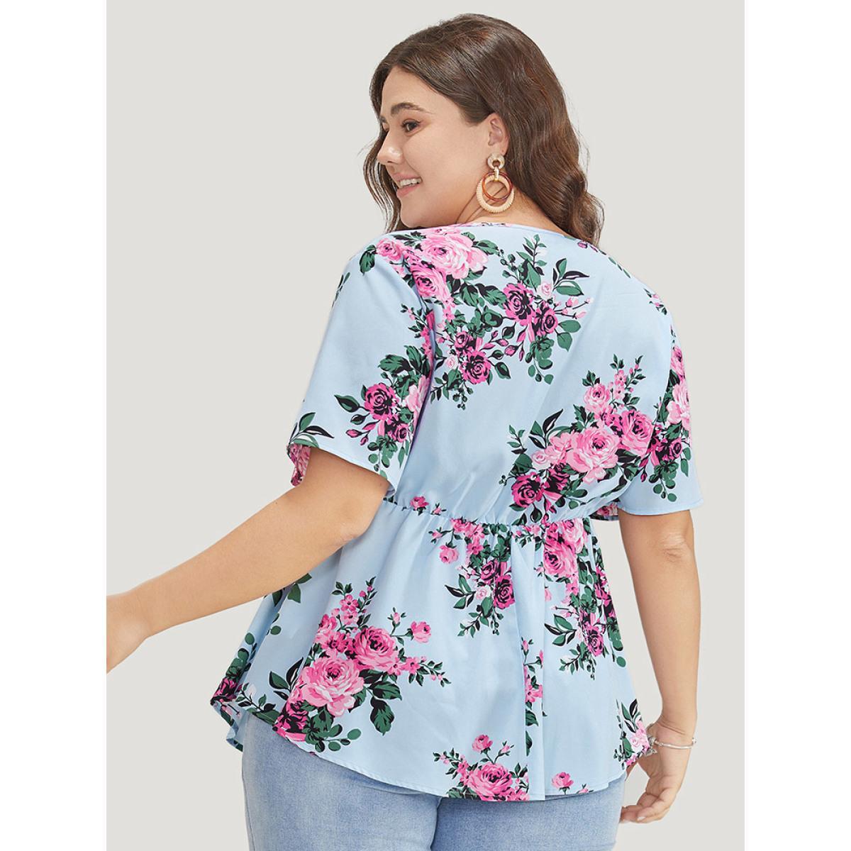 Plus Size LightBlue Floral Half Zipper Ruffle Sleeve Blouse Women Elegant Short sleeve V-neck Dailywear Blouses BloomChic 28/5X Product Image