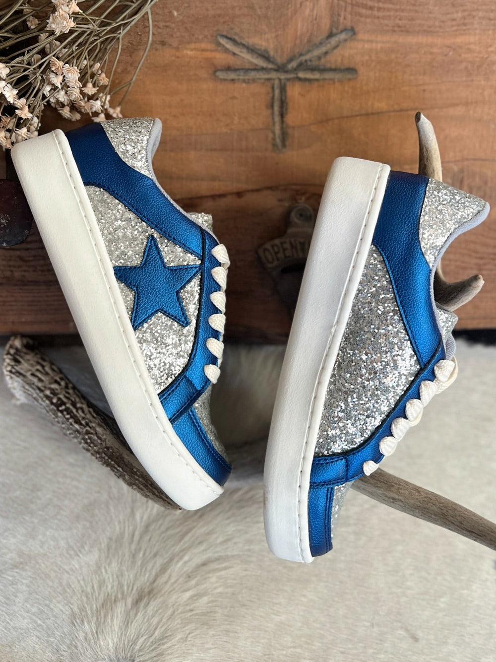 Metallic Blue And Silver Glitter Sneakers Product Image