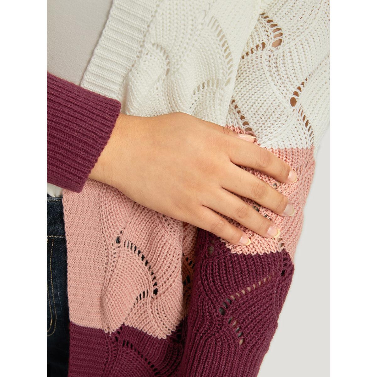 Plus Size Colorblock Contrast Open Front Eyelet Cardigan Multicolor Women Casual Loose Long Sleeve Dailywear Cardigans BloomChic 12/L Product Image