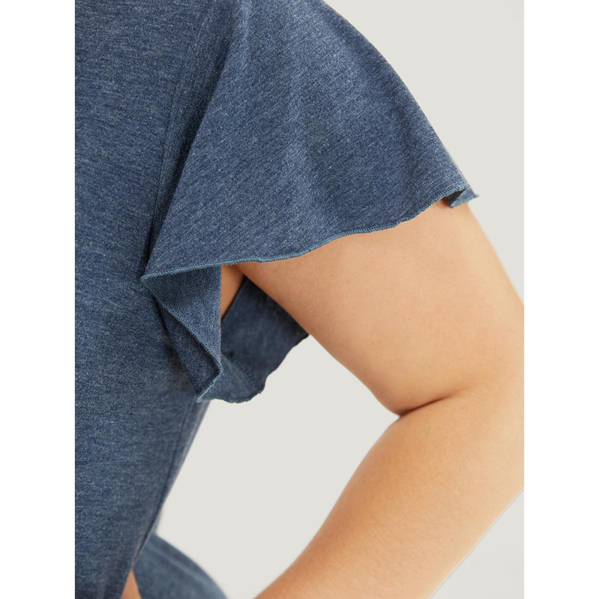 Plus Size Plain Pleated Ruffle Sleeve Pocket Button Up Curved Hem Dress Stone Women Casual Arc Hem Round Neck Cap Sleeve Curvy Midi Dress BloomChic 28/5X Product Image