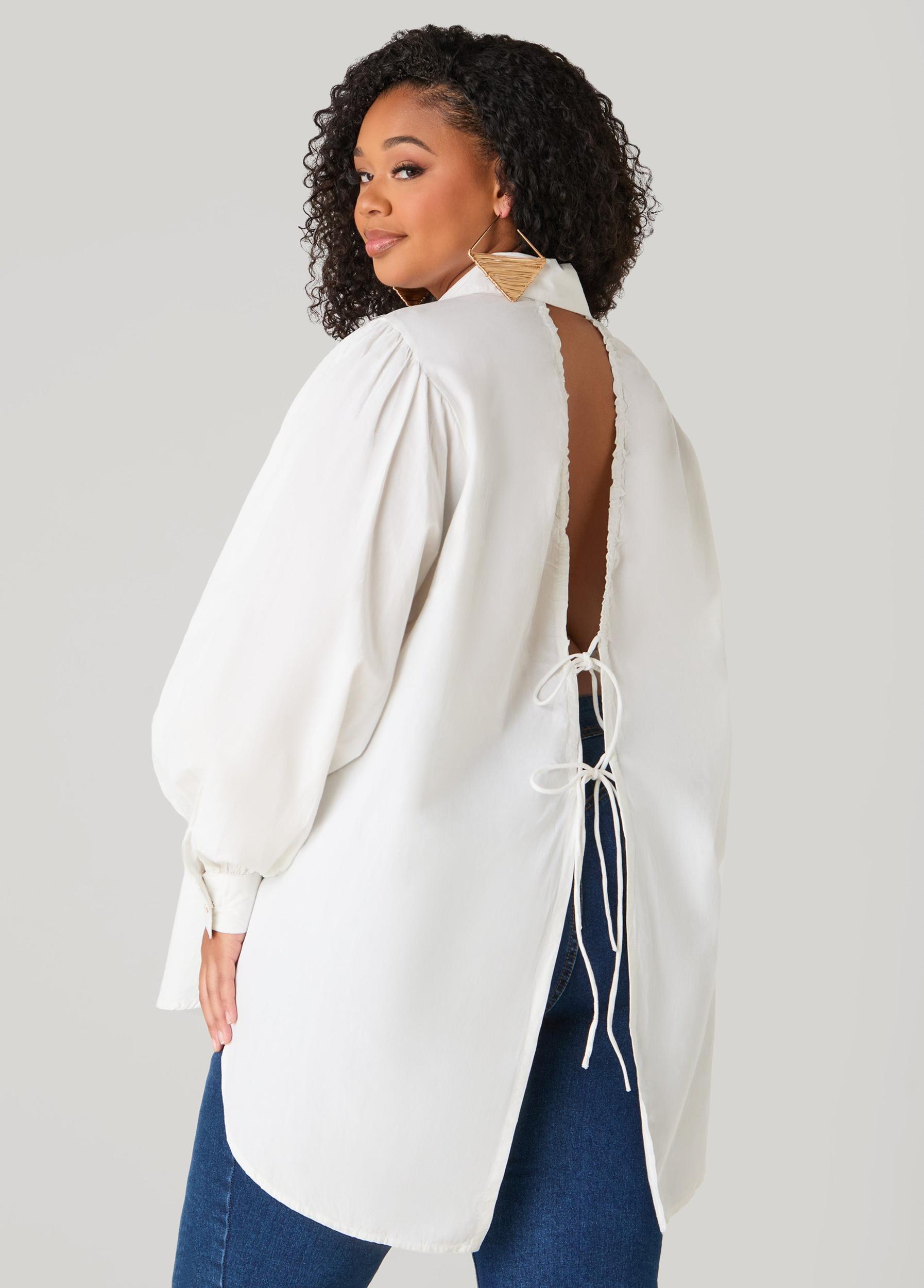 Plus Size Tie Up Open Back Shirt Ashley Stewart Product Image