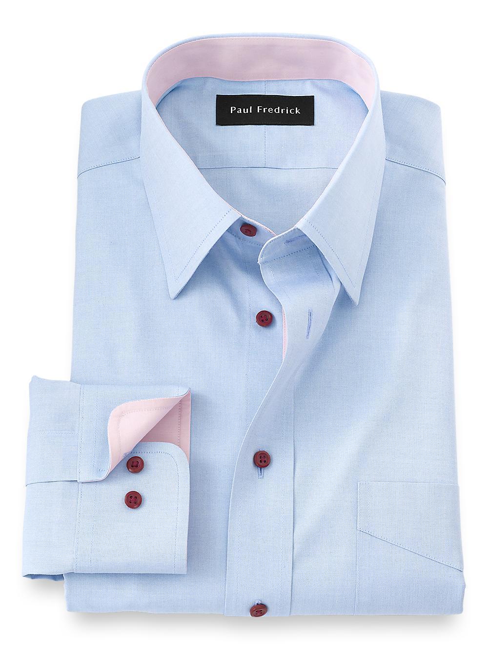 Non-Iron Cotton Solid Dress Shirt With Contrast Trim - Blue Product Image