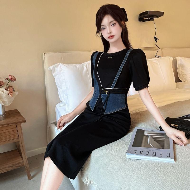 Mock Two-Piece Short-Sleeve Denim Panel Midi Sheath Dress Product Image