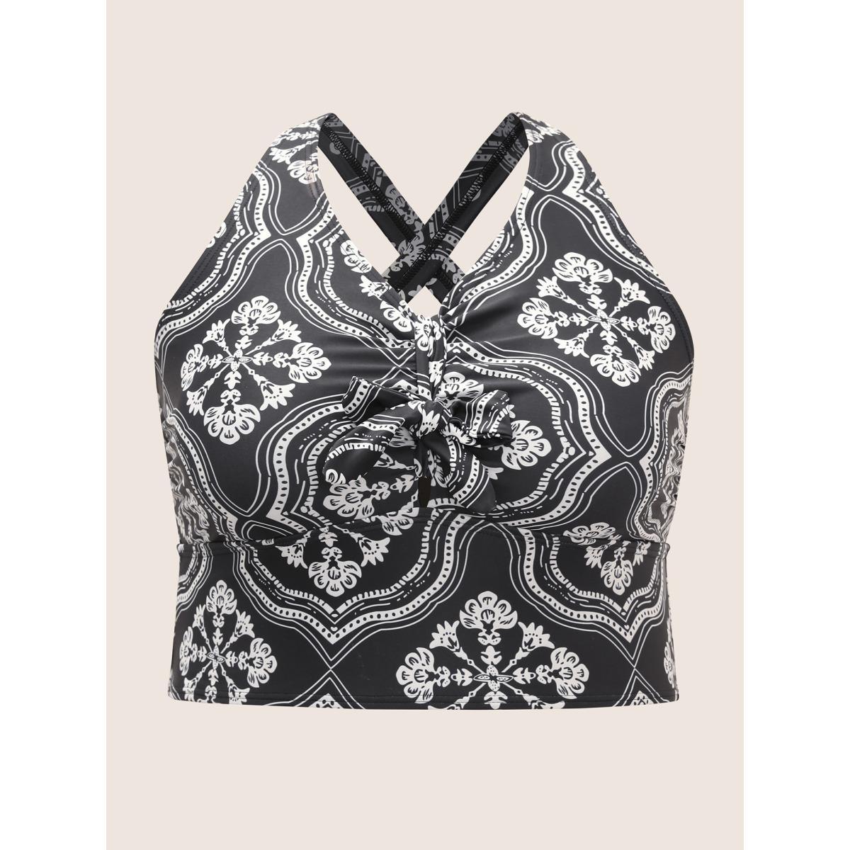 Plus Size Bandana Print Bowknot Adjustable Straps Swim Top Women's Swimwear Black Beach Tie knot High stretch Skinny V-neck Curve Swim Tops BloomChic 10/M Product Image