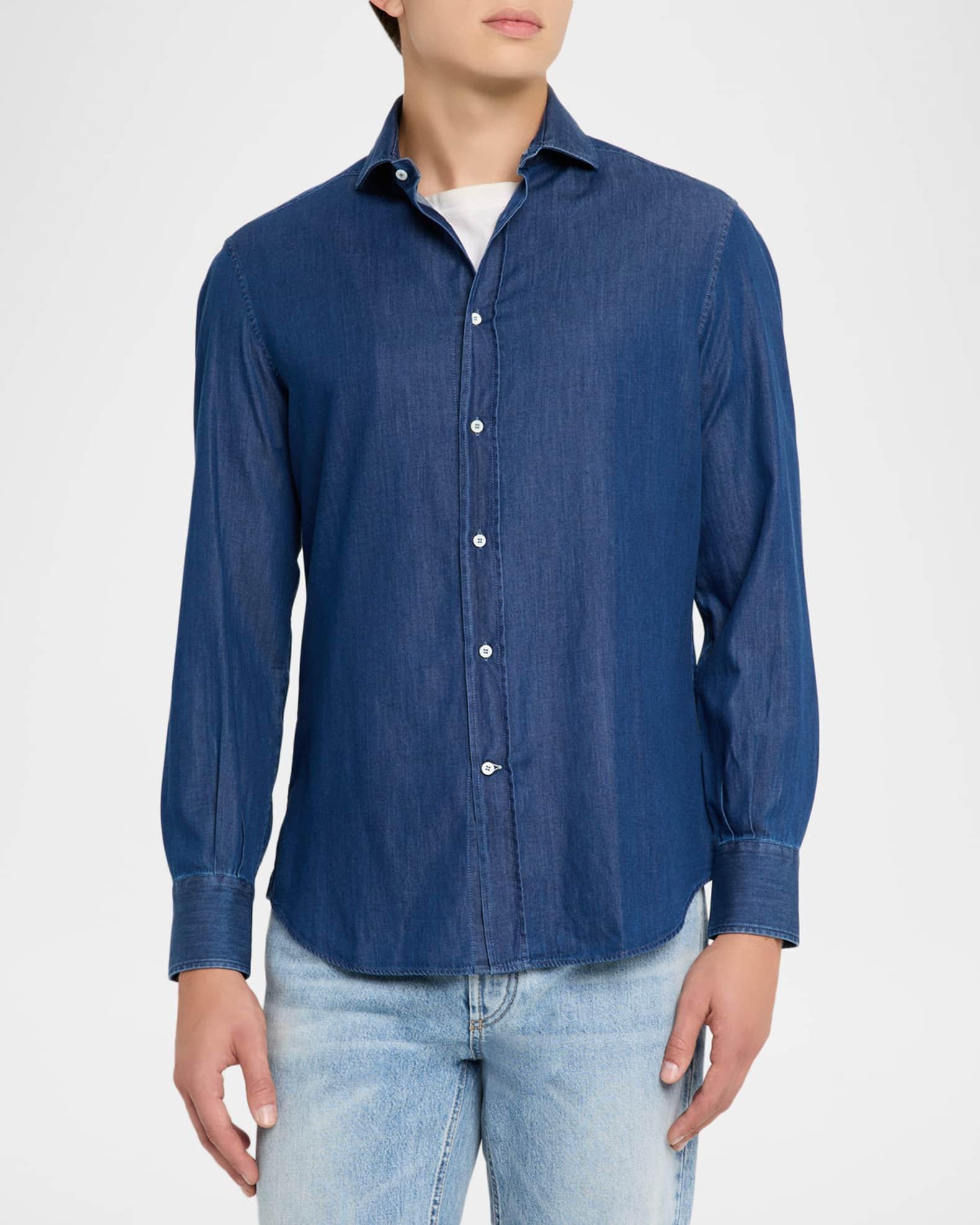 Men's Denim Spread Collar Button-Down Shirt Product Image