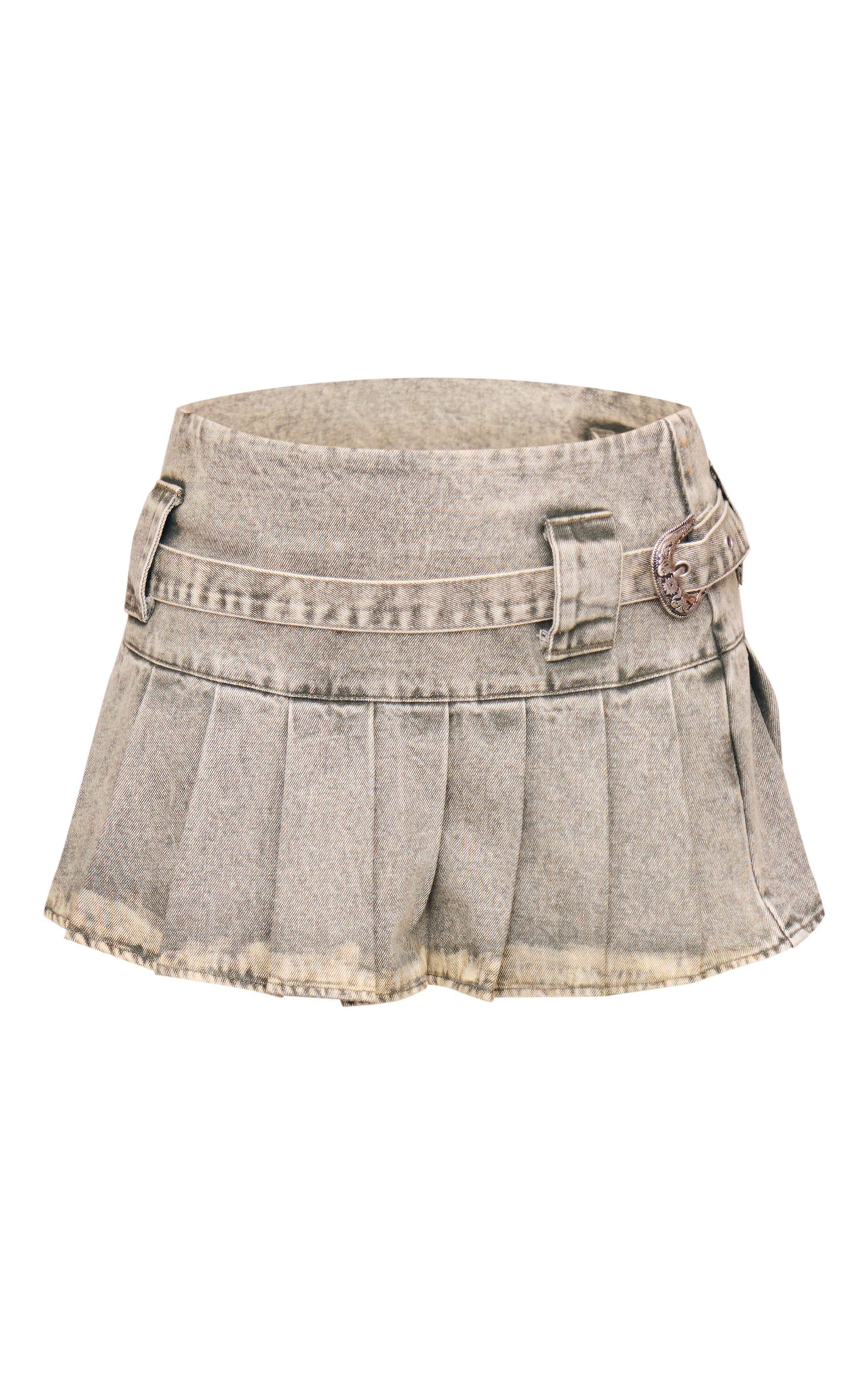 Khaki Washed Twill Belt Detail Pleated Mini Skirt Product Image